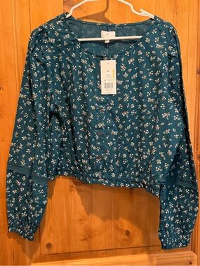True Craft Teal Floral Button-Front Blouse
